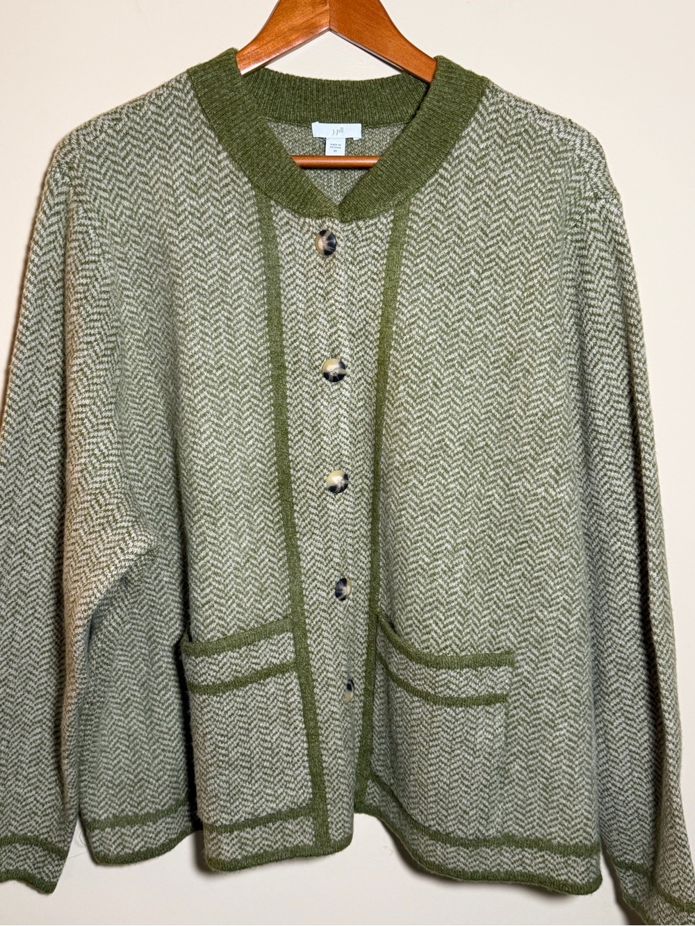 J Jill Cardigan Sweater 2X Green Herringbone Wool Blend Button Front - Picture 4 of 12